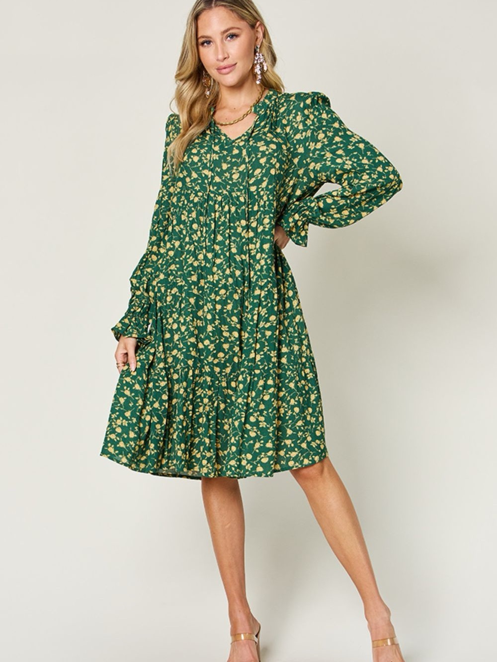 Emerald Green Floral Long-Sleeve Tiered Midi Dress